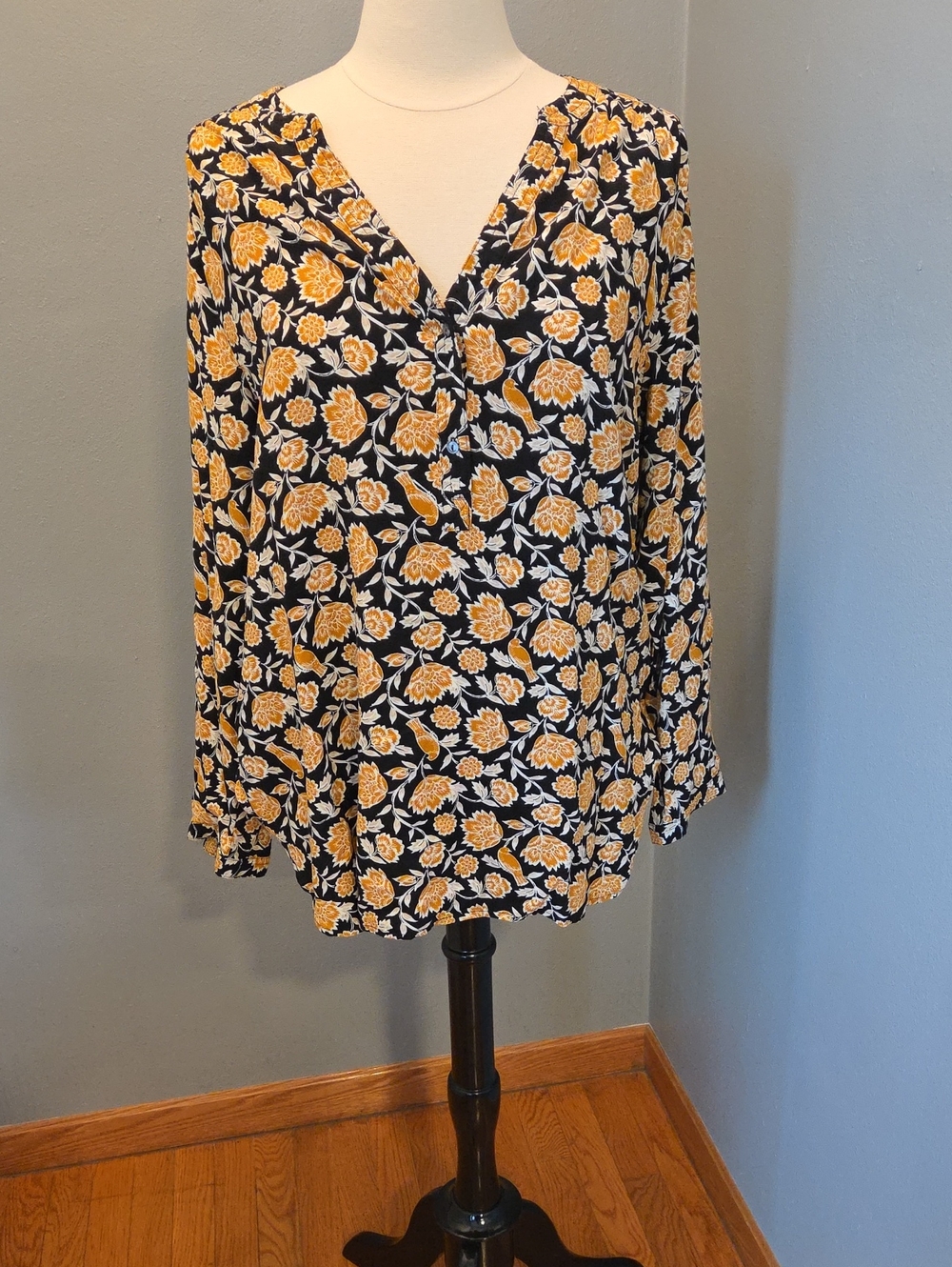 Old Navy Black V-Neck Floral Tunic with Mustard Blooms